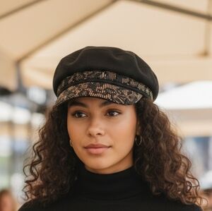 Chic Black Animal Print Cap with Rhinestone Accents